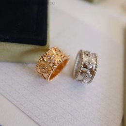 Designer Ring for Woman Vans Cleefs Luxury Clover Ring High Version v Golden Fan Family Kaleidoscope Ring Wide and Narrow Full Diamond 18k Rose Gold Flower Diamond