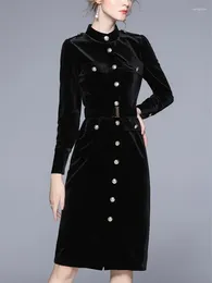 Casual Dresses 2024 Runway Velvet Dress Women Stand Long Sleeve Metal Single Breasted Pocket Sashes Thick Warm Midi Vestidos