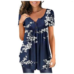 Women's T Shirts Fashion And Creative V-neck Button Fold Tunic Top Loose Casual Short Sleeved Y2k Tops 2024 Autumn Print Shirt For Women