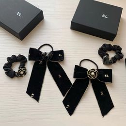 Luxury Brand Classic Rose Flower Designer Pony Tails Holder Hairclip Love Heart Camellia Sinensis Sweet Bow Bowknot Black Hair Rope Clip Present Box Packing