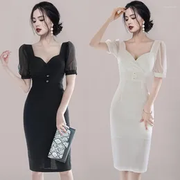Party Dresses The Summer 2024 Korean Versionedition Of Stitching Hubble-bubble Sleeve Button Decoration Design Package Hip Dress