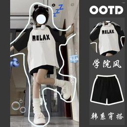 Women's Tracksuits Summer Women Clothes Students Cute Shoulder Raglan Loose Short Sleeve T-shirt Casual Shorts Set Two Piece Outfits