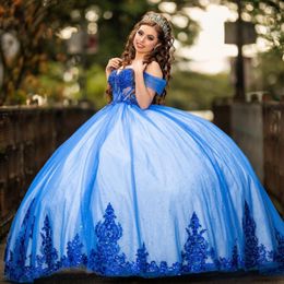 Blue Shiny Quinceanera Dresses Off The Shoulder Appliques Lace Beads Tull Princess Sweet 16 Sparkly Ball Gown vestidos de 15 quinceanera