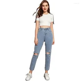 Women's Jeans Light Blue Women Pencil Ripped Hole Denim Pants Lady Clothes Girls Straight Trousers Y2K Elastic Slim Casual Streetwear