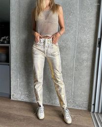 Women's Jeans Summer Fashion Silver Gold Women Metallic Denim Pencil Pants Solid Zipper Trousers Vintage Chic Jean