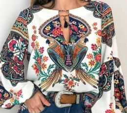 2020 Summer S5XL Women Bohemian Clothing Blouse Shirt Vintage Floral Print Tops Ladies Blouses Blusa Feminina Plus size VNeck Cl1123450