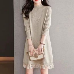 Casual Dresses Commute Autumn Winter Midi Dress Vintage Lace Patchwork Female Clothing Half High Collar Stylish Beading Knitted