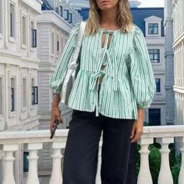 Women's Blouses Summer Shirt 2024 Fashion Stripe Printed Front Tie Loose Casual Plaid Bubble Short Sleeve Ruffle Hem Top