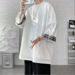 Spring Summer Mens Tshirt Oversized 2XL Korean Style Loose Plaid Casual Seven sleeves TShirt Male White 240513