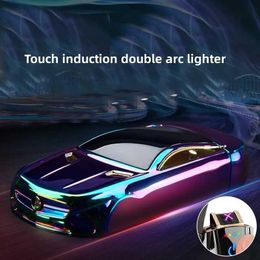 Lighters New metal outdoor windproof plasma pulse dual arc USB light touch sensor LED display screen light creative sports car mens gift Q240522
