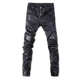 Men S Black Skull Print Leather Pants Slim Korean Winter Motorcycle Windproof Trousers F A B Daf