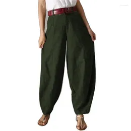 Women's Pants Women Solid Color Casual Plain Linen Wide Leg Fashion High Waist Loose Straight Ankle-Length Retro Patchwork Trouser