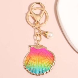 Summer Keychain Colorful Shell Pearl Ring Sandbeach Key Chains Souvenir Gifts For Women Men Car Keys DIY Handmade Jewelry