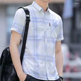 Men's Casual Shirts Korean Business Plaid Printed Short Sleeve Men Summer Fashion Lapel Tops Checkered Shirt Chemise Homme Cotton
