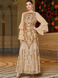 Basic Casual Dresses Round neck gold sparkling sleeve dress high-end elegance sequin embroidery long skirt Middle Eastern Muslim womens clothing J240523