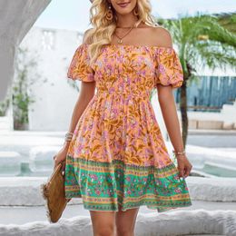 Party Dresses 2024 In Summer Women Fashion Casual Printed A-LINE Boat Neck Bohemian Holiday Style Dress Beach Skirt Clothing