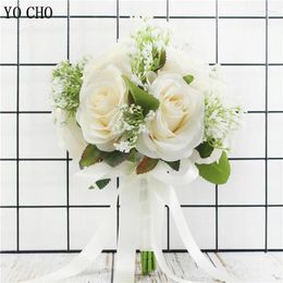 Wedding Flowers YO CHO Bridesmaid Bridal Bouquet Artificial Roses White Silk Girl Accessories Home Decor