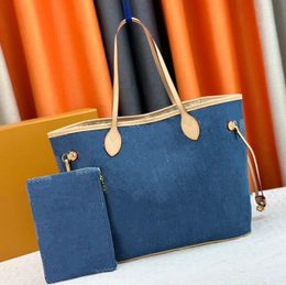 Designer Handbag Fashion Grid Perforated Large Capacity Denim Tote Bags Compartment Shopping Bag With Removable Zipper Bag