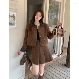 Work Dresses Women Sets Solid Small Fragrant Style Contrast Denim Patched Tweed Coat High Waist Pleated Half Skirt Set Female Clothing 2024