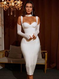 Basic Casual Dresses Womens Spring Style Sexy Keyhole Long Sleeve Mesh White Midi Body Bandage Dress 2024 Elegant Nightclub Party Dress J240523