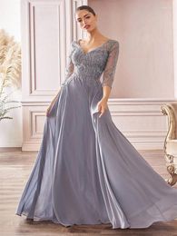 Party Dresses Classic Timeless Beaded Long A-Line Chiffon Dress 2024 V Neck Body 3/4 Sleeves Trim Decoration Open Back Plus Size Wedding