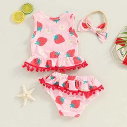 Two-Pieces Two-Pieces 6M-3T Preschool Girls Summer Bikini Set Strawberry Flower Printed Tank Top with Shorts and Headband Swimwear WX5.2245552
