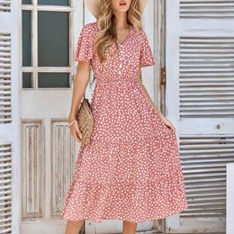 Casual Dresses Women Summer Beach Sundress Dots Short Sleeve Dress Ladies Loose V Neck Brick Outfits For