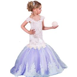 2122 lace mermaid Flower Girl Dresses For Wedding Spaghetti Lace Floral Appliques Tiered Skirts Girls Pageant Dress Kids Birthday Party 206M