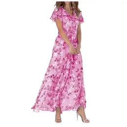 Party Dresses Women's Ruffle Elegant For Summer Floral Printed Large Swing Long Dress Short Sleeve V Neck Fashion Ladies