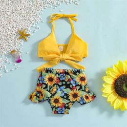 Tregren 1-5Y Kids Girls 2pcs Bikini Sets Halter Bowknot Tops Floral Ruffle Shorts Swimsuit Infant Beach Swimwear Bathing Suits L2405