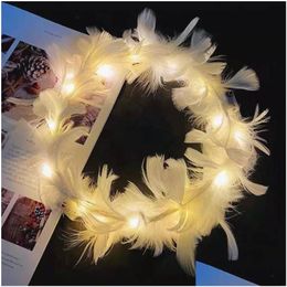 Other Home Garden Led Light Feather Wreath Halo Bridal Floral Crown Hair Band Mint Head Party Headpiece Bridesmaid Drop Delivery Dhw9E