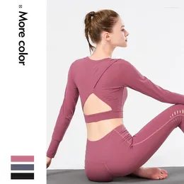 Yoga Outfits Sexy Backless Women Top Sports Shirt Long Sleeve Wear For Gym Fitness Seamless Crop Black Pink Grey