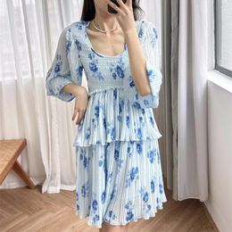 Casual Dresses 2024 Spring And Summer U-shaped Neck Pleated Puff Sleeve Floral Print Short Dress