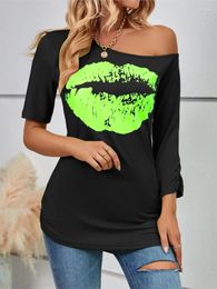 Women's T Shirts Casual Lips Print Short Sleeve T-Shirt Off Shoulder Fashion Slim Top Summer Elegant Office Tops Shirt Tshirts