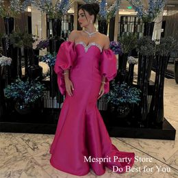 Party Dresses Mesprit Fuchsia Arabic Satin Evening Dress Short Sleeves Cape Sweetheart Beads Rhinestones Sweep Train Formal Occasion