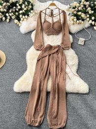 Women's Two Piece Pants SINGREINY Sexy Fashion Knitting 3pcs Suits Halter Tank Top Long Sleeve Cover Shirt Wide Leg Women Ripped Design Sets