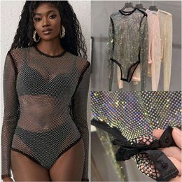 PRA-Designer einteiliger sexy Strass-Badeanzug-Verzierungen über den Körper im ganzen Körper Solid Color Long Sleeve Hohl aus Mesh Badeanzug FZ2405234