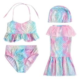 2023 Summer Baby Girls Swimsuit Four-piece For 2-10Years Kids Beach Bathing Suit Children Little Mermaid Costume L2405