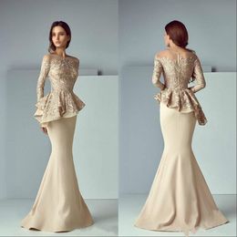 Champagne Lace Stain Peplum Wear Prom Dresses 2020 Sheer Neck Long Sleeve Dubai Arabic Mermaid Long Evening Formal Gowns 253b