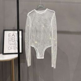 white Designer One-piece Sexy Rhinestone Swimsuit Embellishments All Over The Body Solid Color Long Sleeve Hollow Out Mesh Swimsuit For Women FZ2405234
