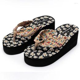 Slippers High-Heeled Shoes Lady Rubber Flip Flops House Platform On A Wedge Slides Med Hawaiian Girl Summer Floral Fabric PU