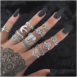 Band Rings 13Pcs/Set Bohemia Antique Sier Crown Flower Elephant Carved Sets Rhinestone Knuckle For Women Jewelry Drop Ship Delivery R Dhbx3