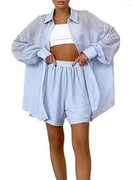 Casual Dresses Women Summer Shorts Outfits Textured Vertical Stripe Turn-Down Collar Long Sleeve Loose Shirts Tops 2 Pieces Clothes Set