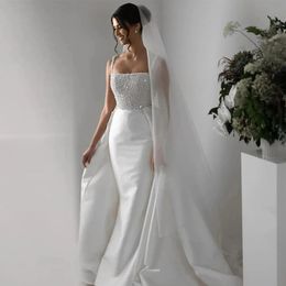 Mermaid Wedding Dress With Detachable Train 2024 Spaghetti Straps Satin Bridal Formal Gowns Beads Pearls Vestidos De Novia