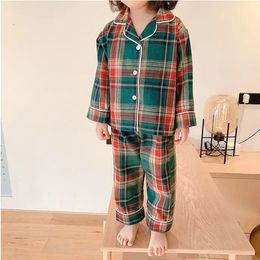 Spring Girl Turndown Collar Pajama Set.Toddler Kids Christmas Green Plaid Pyjamas Set Sleepwear Nightwear.Children Clothing 11T 240523