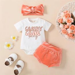 Clothing Sets Toddler Baby Girl Lovely Clothes Suit 2pcs Short Sleeve Romper Tops Velvet Shorts Outerwear Hairband Children Outfits