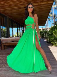 Basic Casual Dresses 2024 Fashion One Shoulder Grn Long Dress Women Hollow Out Bodycon Summer Beach Dresses Side Split Wedding Party Vestidos Mujer T240523