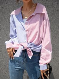 Women's Polos Pink Blue Striped Patchwork Contrast Colour Women Shirt Blouses Long Sleeve Casual Loose Streetwear Autumn Clothing