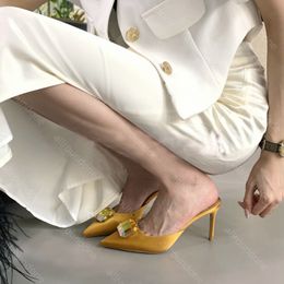Luxury Women high heel sandal Designer Women Slippers slingback heels GR fashion Pointy heels with rhinestones summer dress shoes slide leather mules flip flop