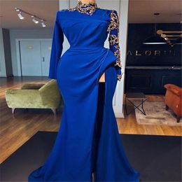 elegant royal blue mermaid prom dresses 2019 long sleeve lace high neck evening dress robes de soiree Abendkleider 363R